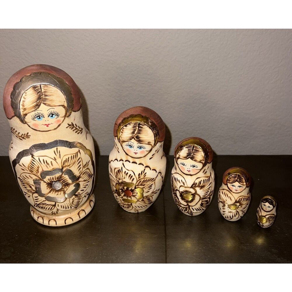 Vintage Russian Matryoshka Nesting Dolls 5pc Hand Painted Marked Wood Burned
